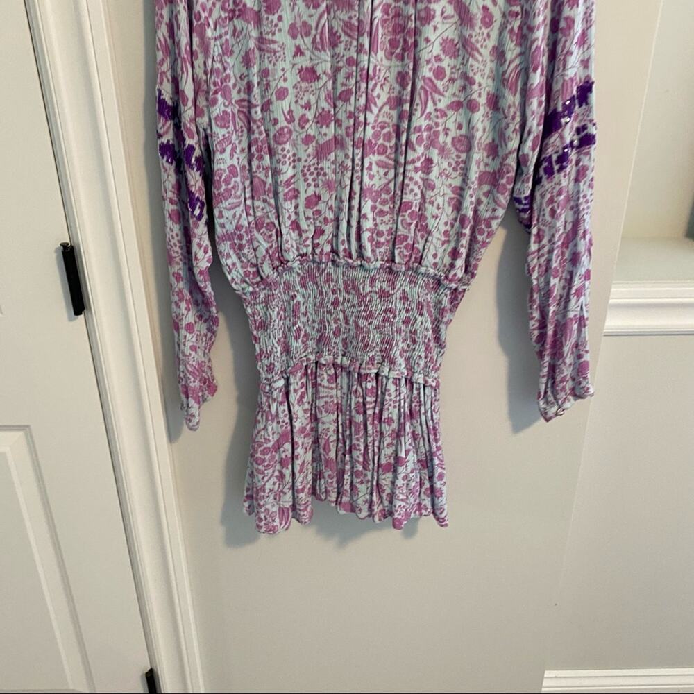 Hemant & Nandita Blue Purple Floral Sequin Smocked Long Sleeve Mini Dress XS - Picture 8 of 16